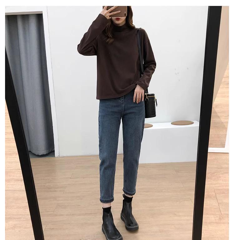 Women's Fashion Semi-High Neck Mid-Length Loose Long Sleeve Top - Autumn Base Layer T-Shirt
