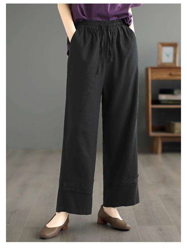 2025 Eleganckie Krótkie Bawełniane Spodnie Proste Damskie Retro Duży Rozmiar Luźne Spodnie z Panelami z Koronki Wiosna Lato Casual Szerokie Nogawki