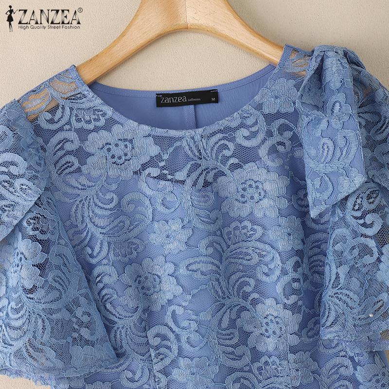 ZANZEA Women Casual Round Neck Short Sleeve Patchwork Lace Blouse