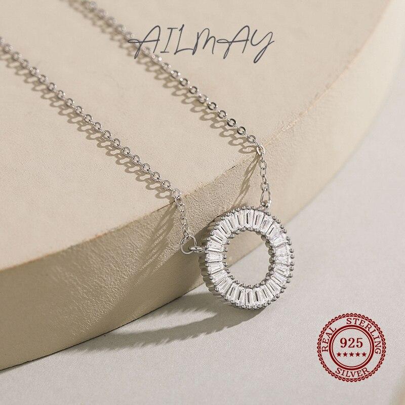 Ailmay Sparkling Clear Zircon 925 Sterling Silver Round Pendant Necklace For Women Wedding Engagement Fine Female Jewelry