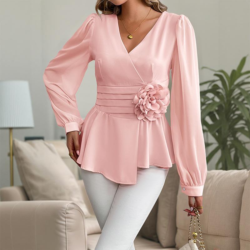 A High-end and Elegant Commuting V-neck Three-dimensional Floral Shirt Top for Women