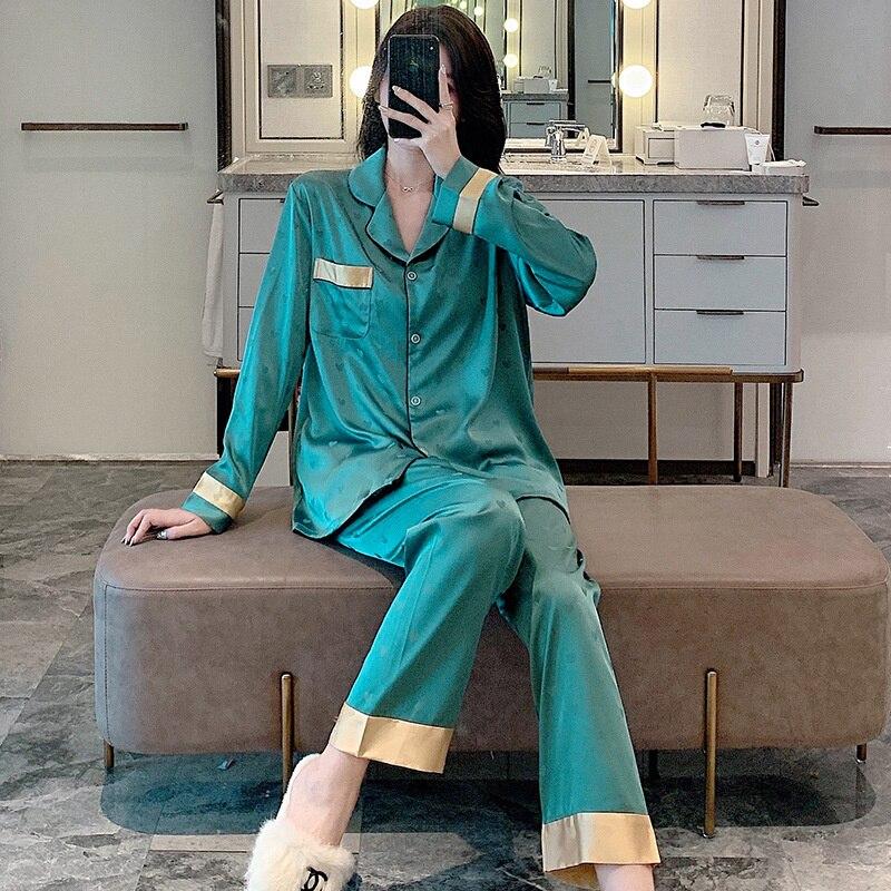 Ice Silk Pajamas Women's Spring And Autumn Thin Long Sleeved Trousers Two-piece Suit Sleepwear