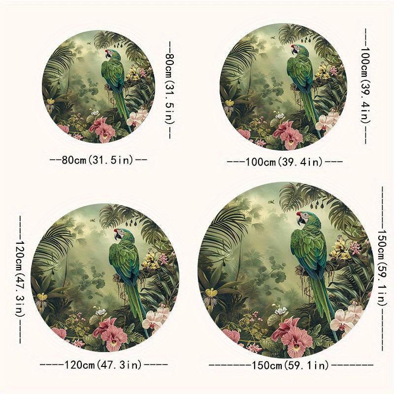 Tropical Parrot Round Rug with Lush Greenery Print Soft Flannel Carpet for Nature Enthusiasts Home Decor Floor Mat