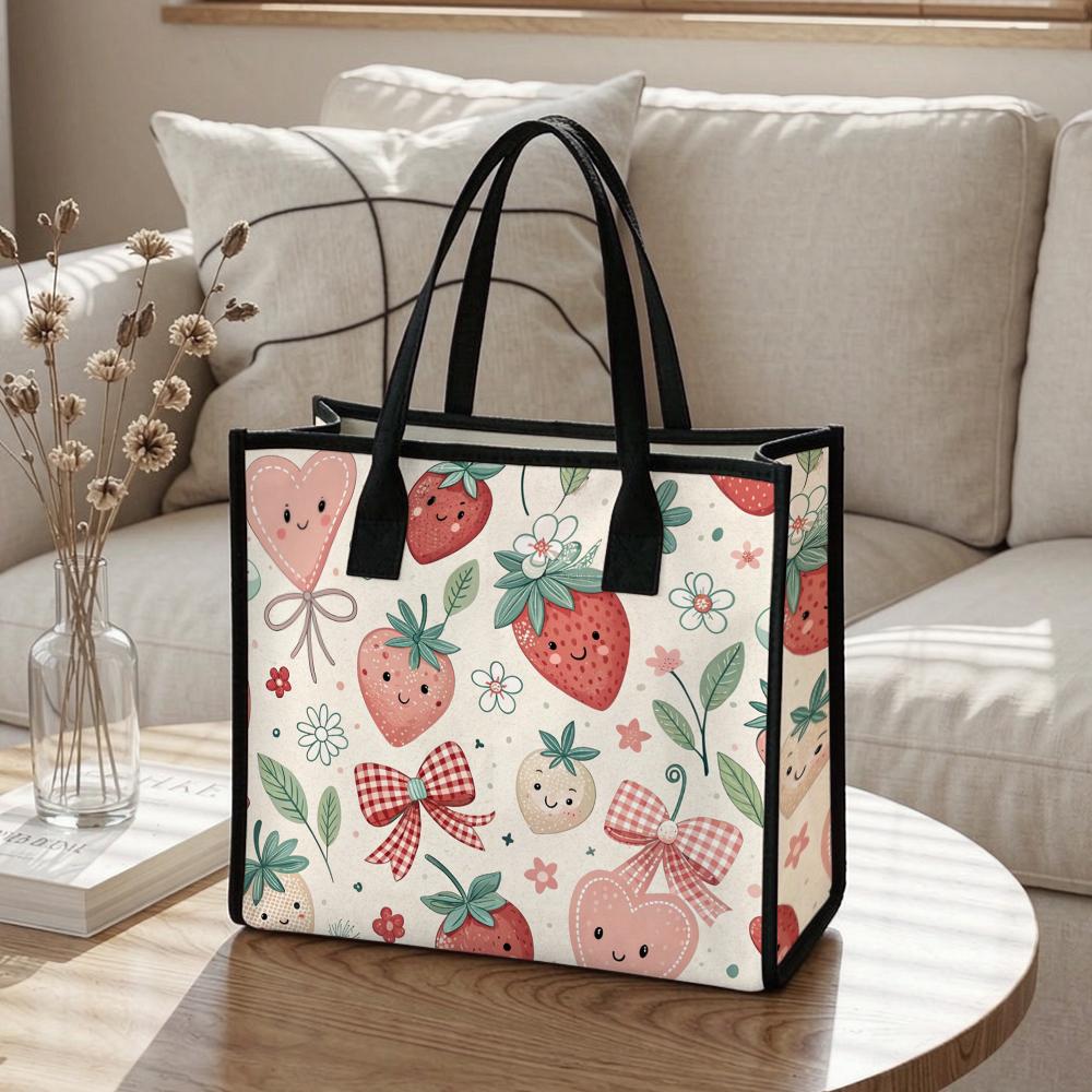 Cute Strawberry Printed Tote Bag Portable Daily Use Fashion Handbag for Women Casual Shopping Carry Bag