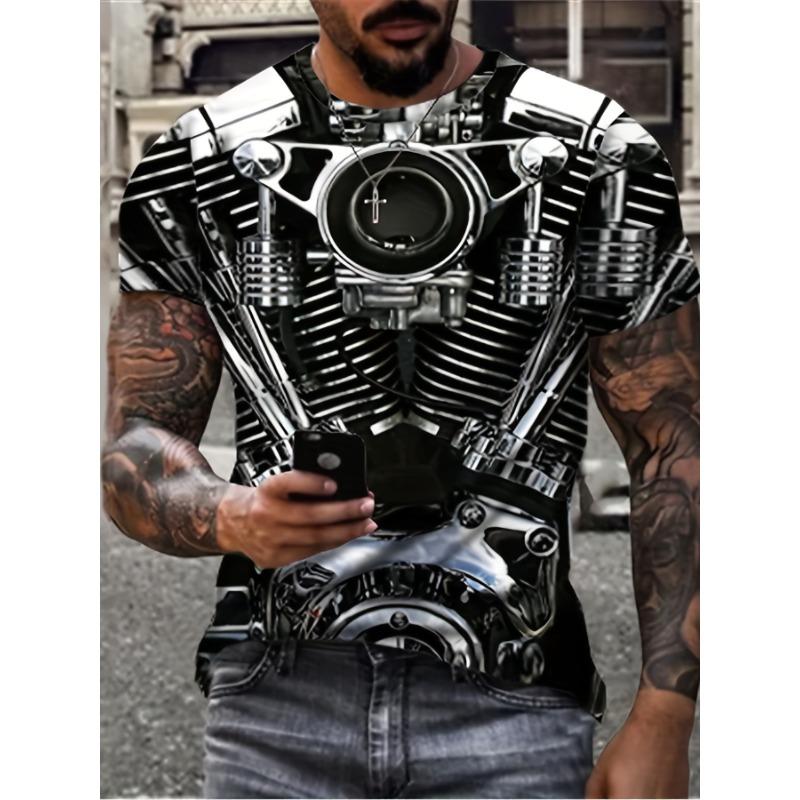 3D Mechanical Engine Printed T-Shirt Men Punk Rock Motorcycle Motor Parts Graphic Tees Summer Short Sleeve Round Neck Plus Size Casual Streetwear Top S чёрный