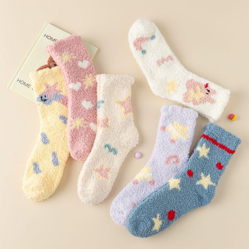 Socks Women Winter Warm Fluffy Fuzzy Cute Middle Tube Thick Thermal Soft Coral Fleece Floor Sleep Cartoon Star Short Crew Socks