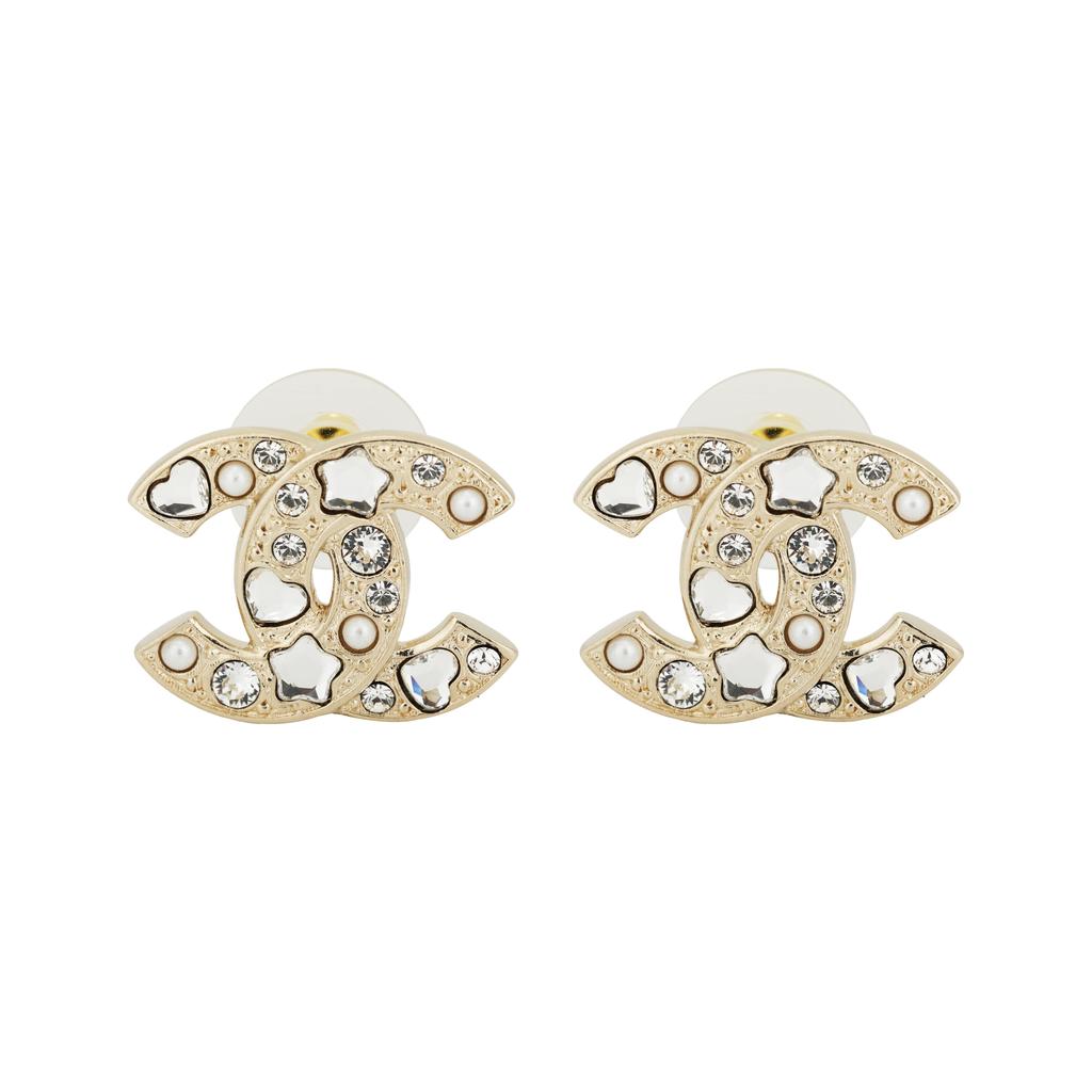 Chanel 25P Spring Summer Double C Irregular Rhinestone Design Metal Earrings Women Earrings Gold ABF217-B19947-NAFRM