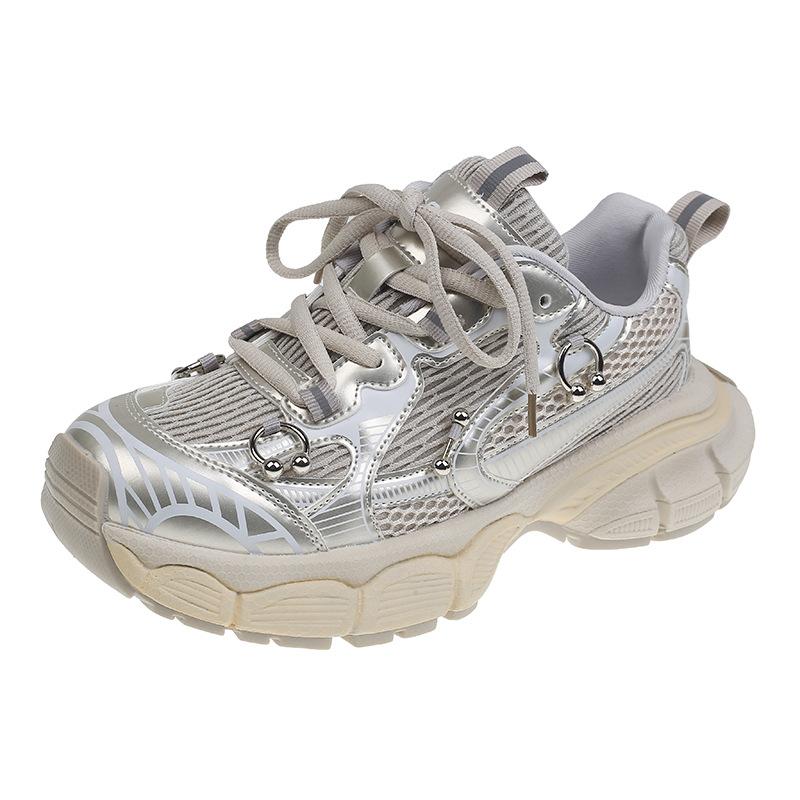 Leather dad shoes women's 2025 spring new thick-soled versatile breathable polish outdoor casual sports shoes running shoes tide