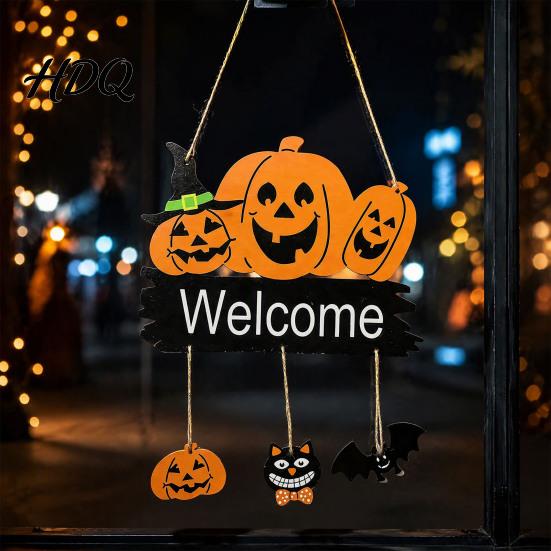 Wooden Wall Decor for Party Halloween Welcome Door Hanging Sign 3D Layered Pumpkin Skull Spider Plaque Ornament Window Front Porch Home Farmhouse
