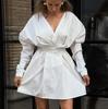 Autumn Sexy Design V-neck Bubble Sleeve Dress Versatile Fashion Temperament Lace-up Small White Dress