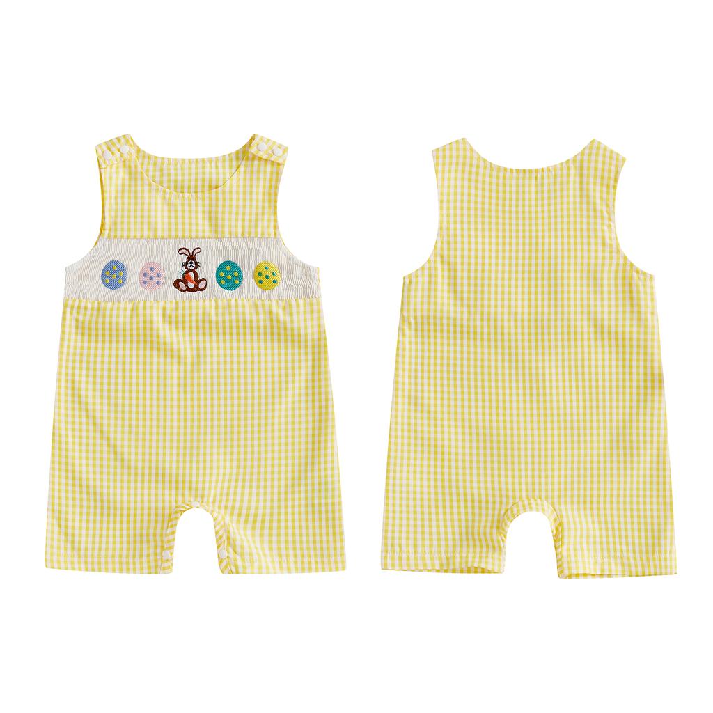 Baby Boys Girls Easter Jumpsuit Sleeveless Crewneck Egg Bunny Embroidery Plaid Tank Romper