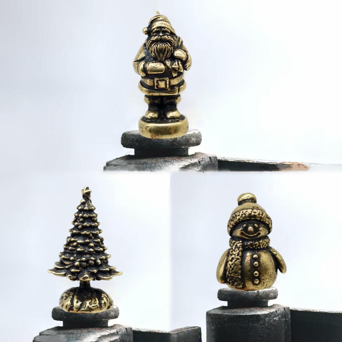 

Christmas Bronze Statuette Hinge Ornament - Small Snowman and Tree Brass Craft. Santa Claus
