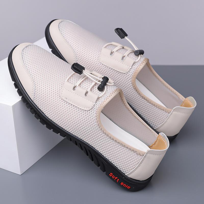 Summer men's fly-woven mesh breathable one-pedal casual shoes men's hollow breathable hand leather shoes