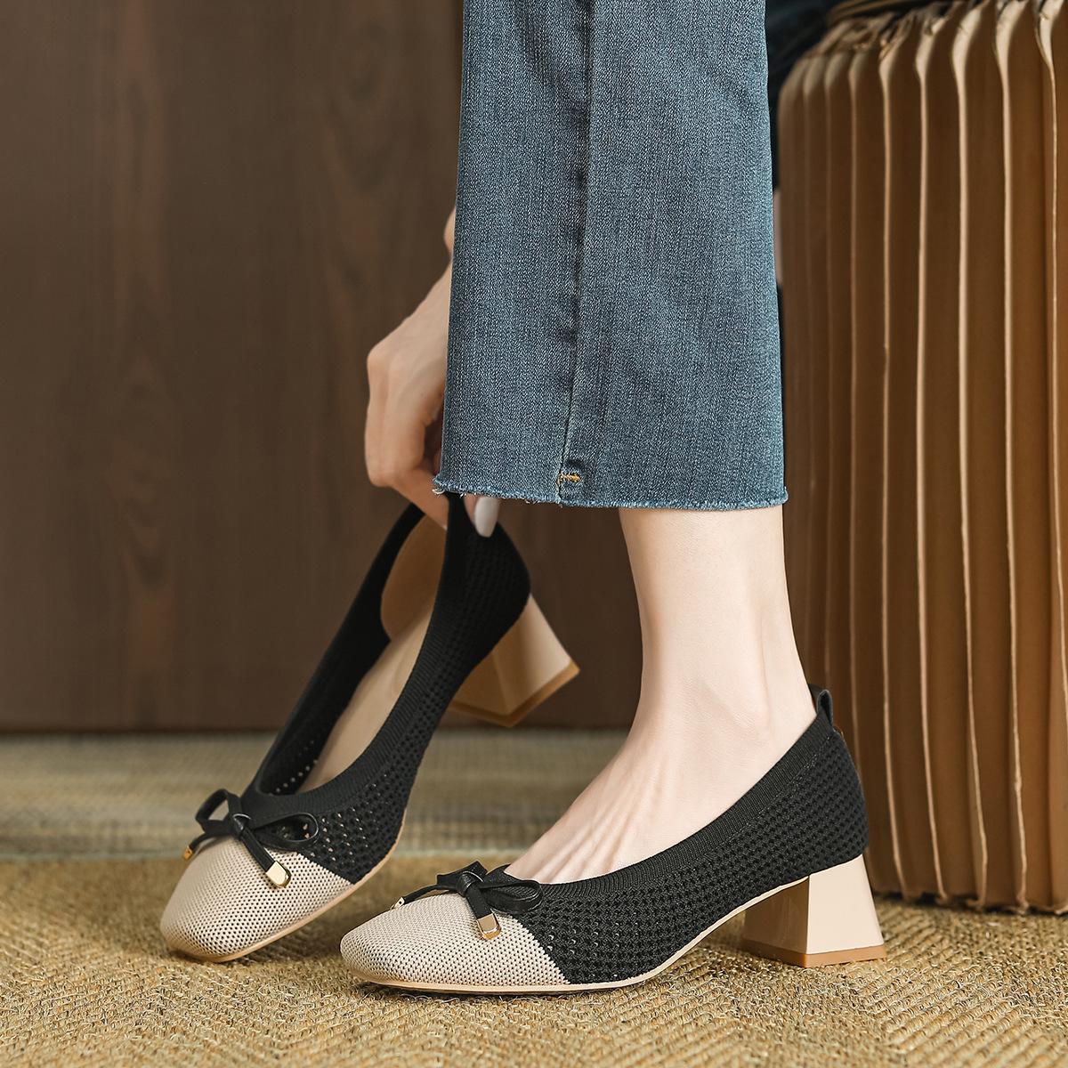 

Square head high heels women s new thick heels pearl hollow breathable medium heel shoes 40