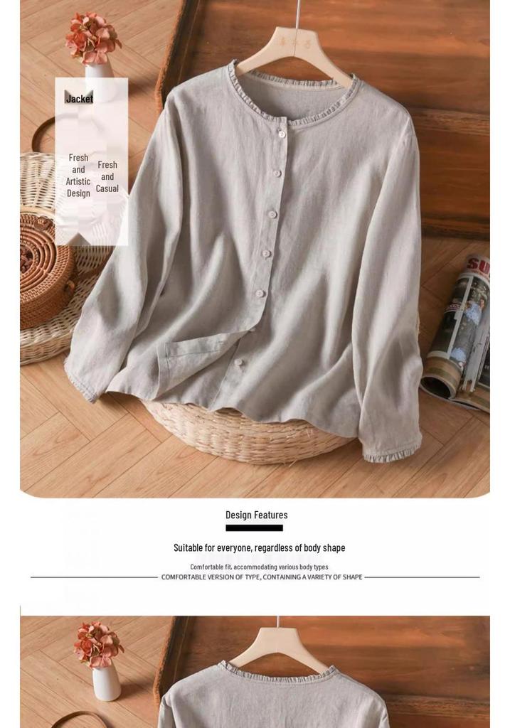 Autumn 2025 Cotton Linen Ruffle Trim Retro Long Sleeve Blouse