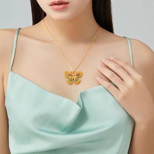 Flower Elegant Silk Enamel Butterfly Ring And Pendant Jewelry Set In Color Golden