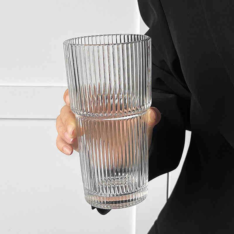 High-value Cold Drink Juice Coffee Cup with Lid and Straw, Vertical Striped Glass, Large Capacity Water Cup