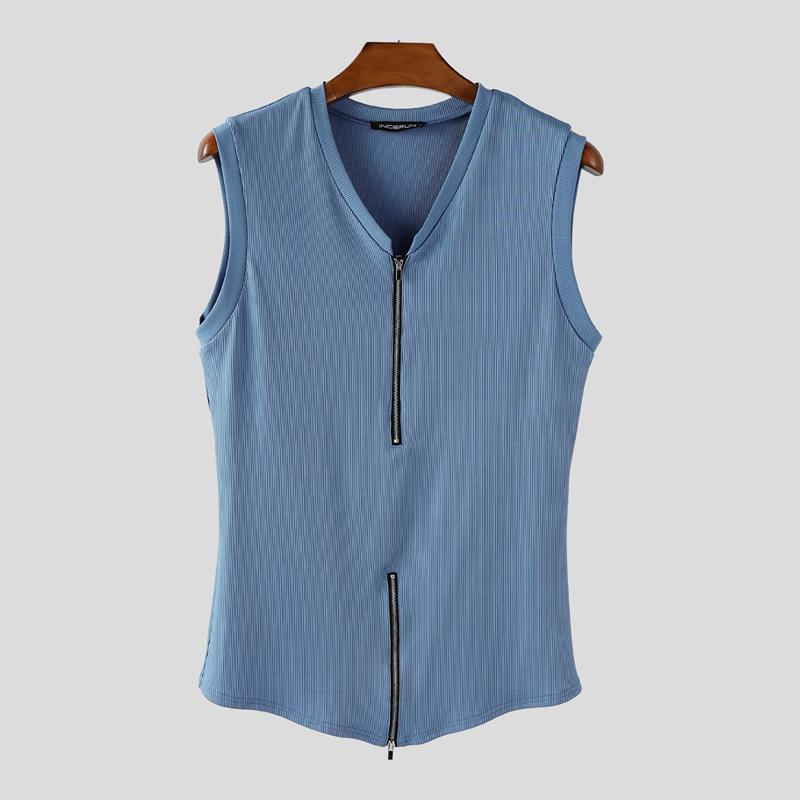 INCERUN Męskie bezrękawniki z dekoltem w serek, zapinane na zamek, w jednolitym kolorze, casualowe, prążkowane