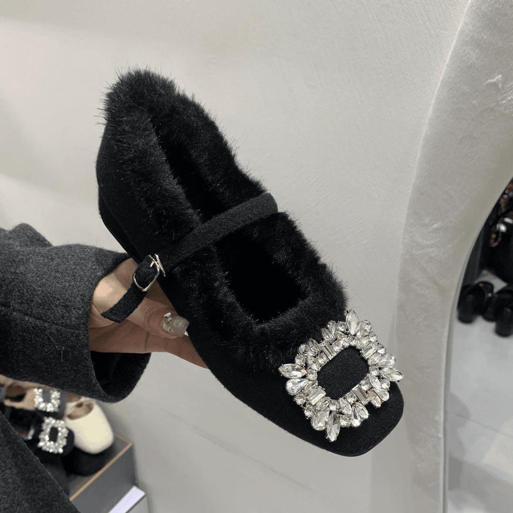 Warme Damen-High Heels Strass dicker Fleece quadratische Spitze Fleece-Mützen-Schuhe Damenschuhe Einzelne Schuhe Mary Jane