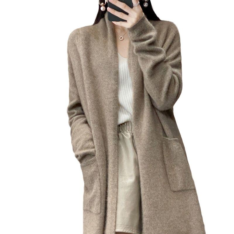 Spring Autumn Women's Cardigan Long Sleeve Sweater Solid Color Loose Warm Knitwear Female Long Coat Lazy Style Over Knee V-neck Thick Sweater Jacket