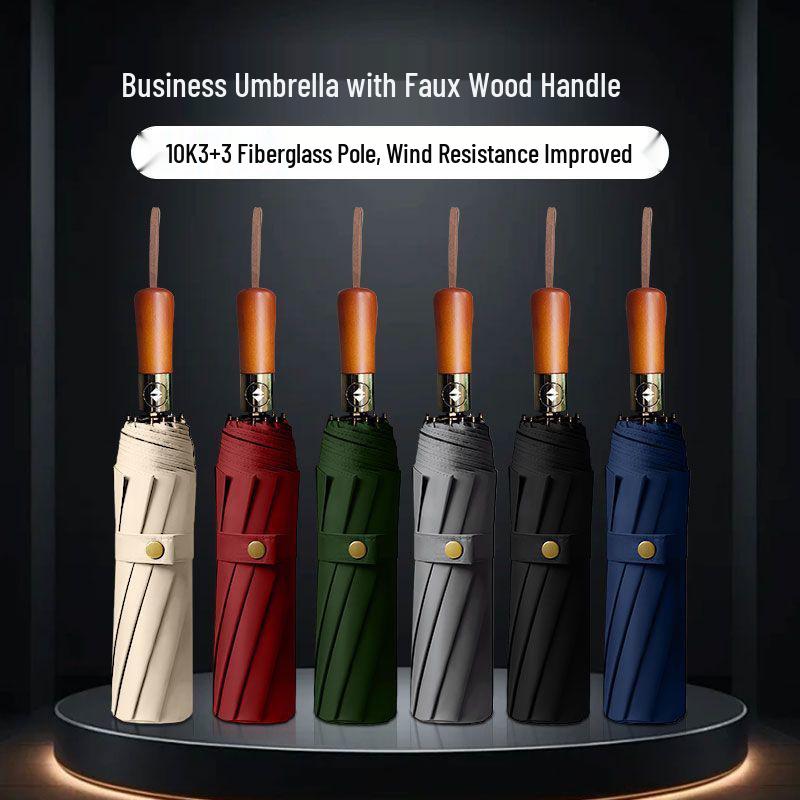 10K Automatischer Faltregenschirm mit schwarzem Kleber - Dreifach faltbar, Schutz vor Sonne & Regen mit Holzgriff.
