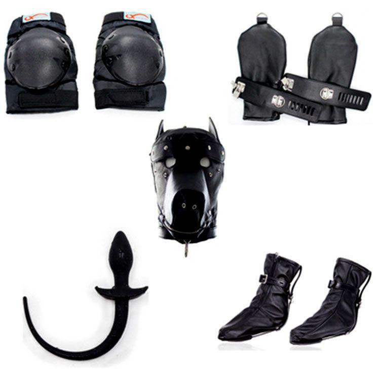 Dog Muzzle Set: K9 Slave Training Suit with Paws and Knee Pads for Male Training.