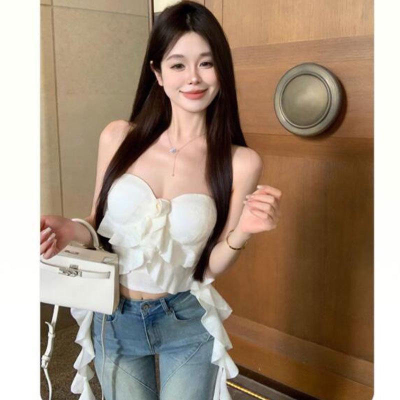 Summer Slim-fit White Flower Lotus Leaf Edge Chest Wrap Pure Desire Short Sleeveless Tube Top Backless Top Women