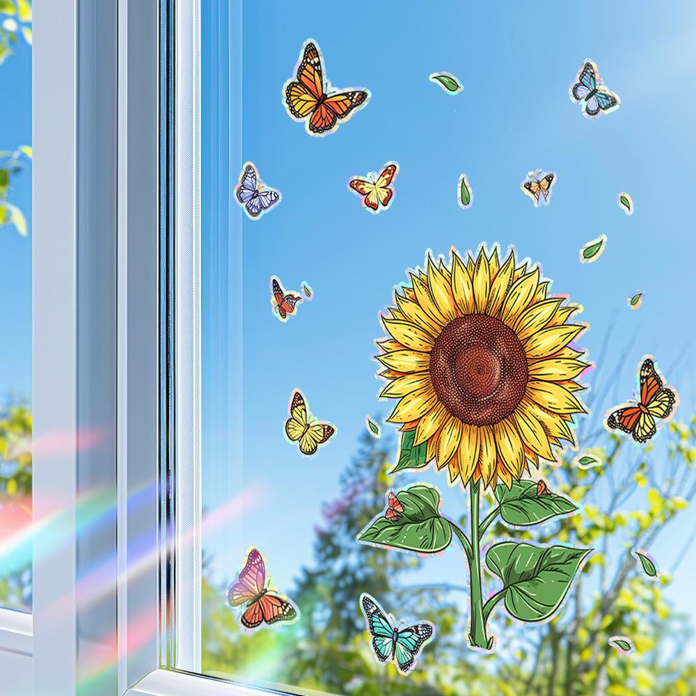 Laser Bunte Sonnenblume Schmetterling Heimverschönerung und Dekoration Glas Statische Fensteraufkleber