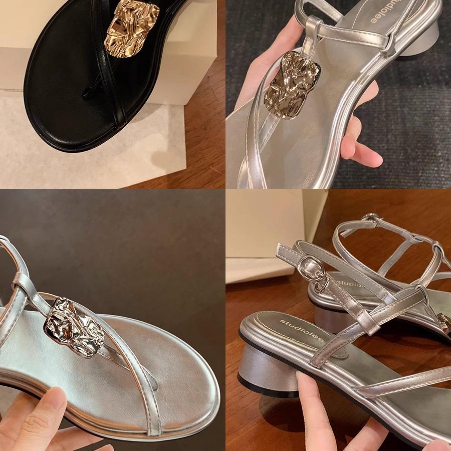 Sheepskin Version of Holiday Style Fine Strap Toe Metal Buckle Thick Heel Sandals Women's Summer High Heel Leather Sandals