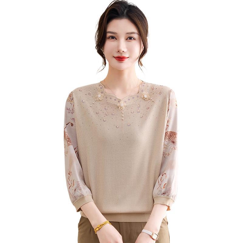 Spring/Summer Ice Silk Seven-Sleeve Chinese-Style T-Shirt with Stand Collar & Gauze Sleeves for Middle-Aged & Elderly Women