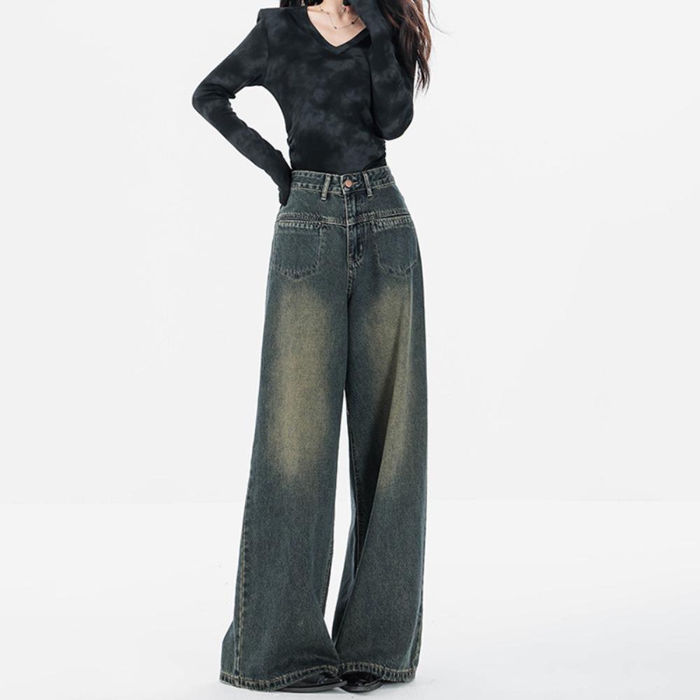 Spring and Autumn New Hong Kong Style Design Sense High Waist Wide Leg Jeans Women's Loose Straight High Mopping Jeans