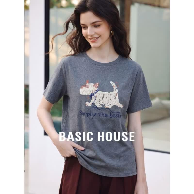 Basic House Women s Cartoon Embroidered Round Neck Short Sleeve T-Shirt 3XL