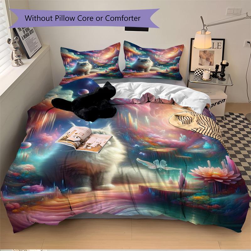 3pcs Fantasy Cat Bedding Set - Includes One Quilt Cover and Two Pillowcases (No Core) - Anime Cartoon Design, Perfect for Bedroom and Guest 135x200cm