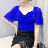 New Fashion Women's Chic Butterfly Sleeve Hot Diamonds Summer T-shirt Sexy Square Neck Slim Mesh Tops Elegant Female Tees