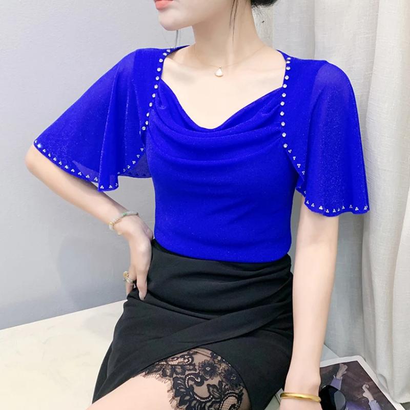 New Fashion Women's Chic Butterfly Sleeve Hot Diamonds Summer T-shirt Sexy Square Neck Slim Mesh Tops Elegant Female Tees