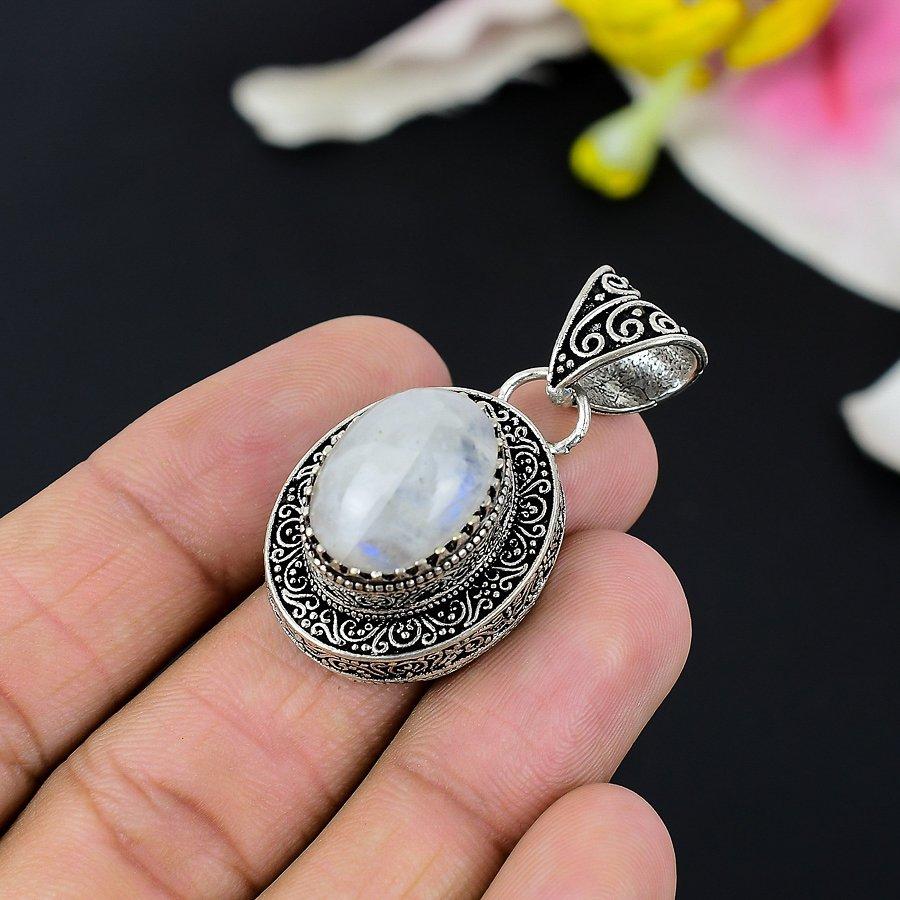 Rainbow Moonstone Gemstone 925 Sterling Silver Jewelry Pendant 2.76" KG-95