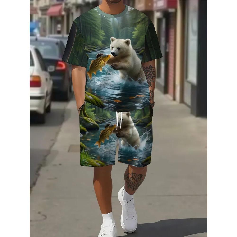 Summer Men's Two-Piece Set Animal 3D Printed Sports Wear Fashionable Soft Comfortable Breathable Large Loose Casual Style Sports Wear
