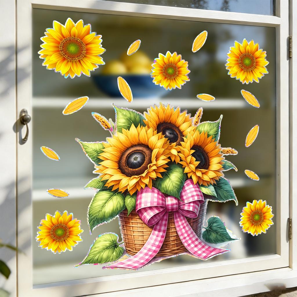 Static Cling Sunflower Basket Stickers for Balcony Bedroom Living Room Home Decor