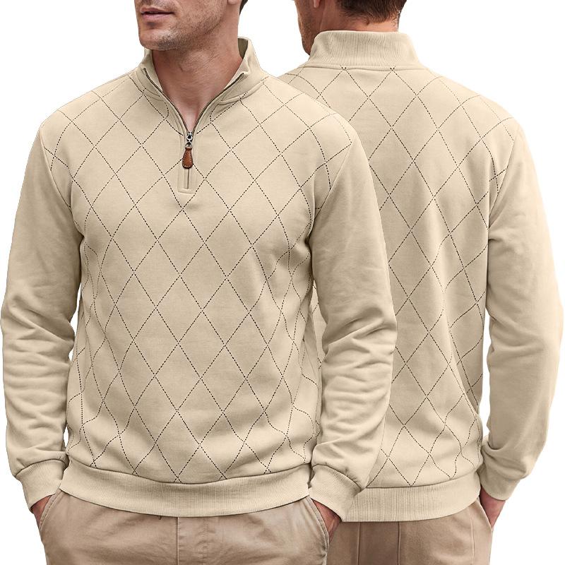 Men S Casual Long Sleeve Pullover Sweatshirt Stand Collar Half Zip Plaid