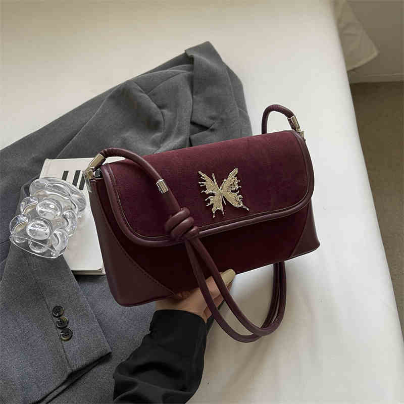 Retro Women's Underarm Bag Autumn Winter Velvet Versatile Crossbody Bags Temperament 3D Metal Butterfly One Shoulder Bag