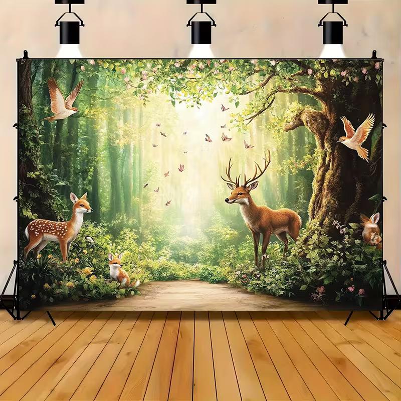 2D Sunlit Forest Deer Tapestry Enchanted Green Woodland Wildlife Wall Decor