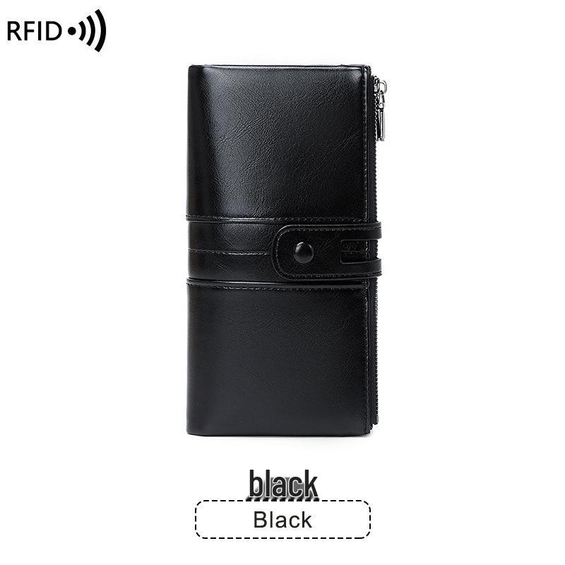 Cross-border RFID Women's Anti-Magnetic Wallet - Soft Oil Wax Leather Clutch, European & American Retro Long Zipper