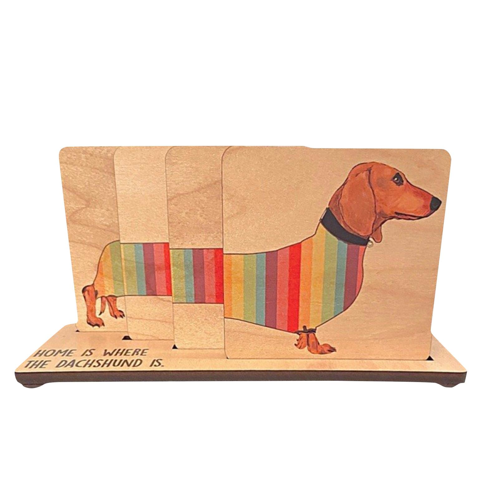 Wooden Dachshund Coaster Set with Holder Home Is Where the Dachshund Is Design Durable Natural Material Drink Coasters for Table Protection