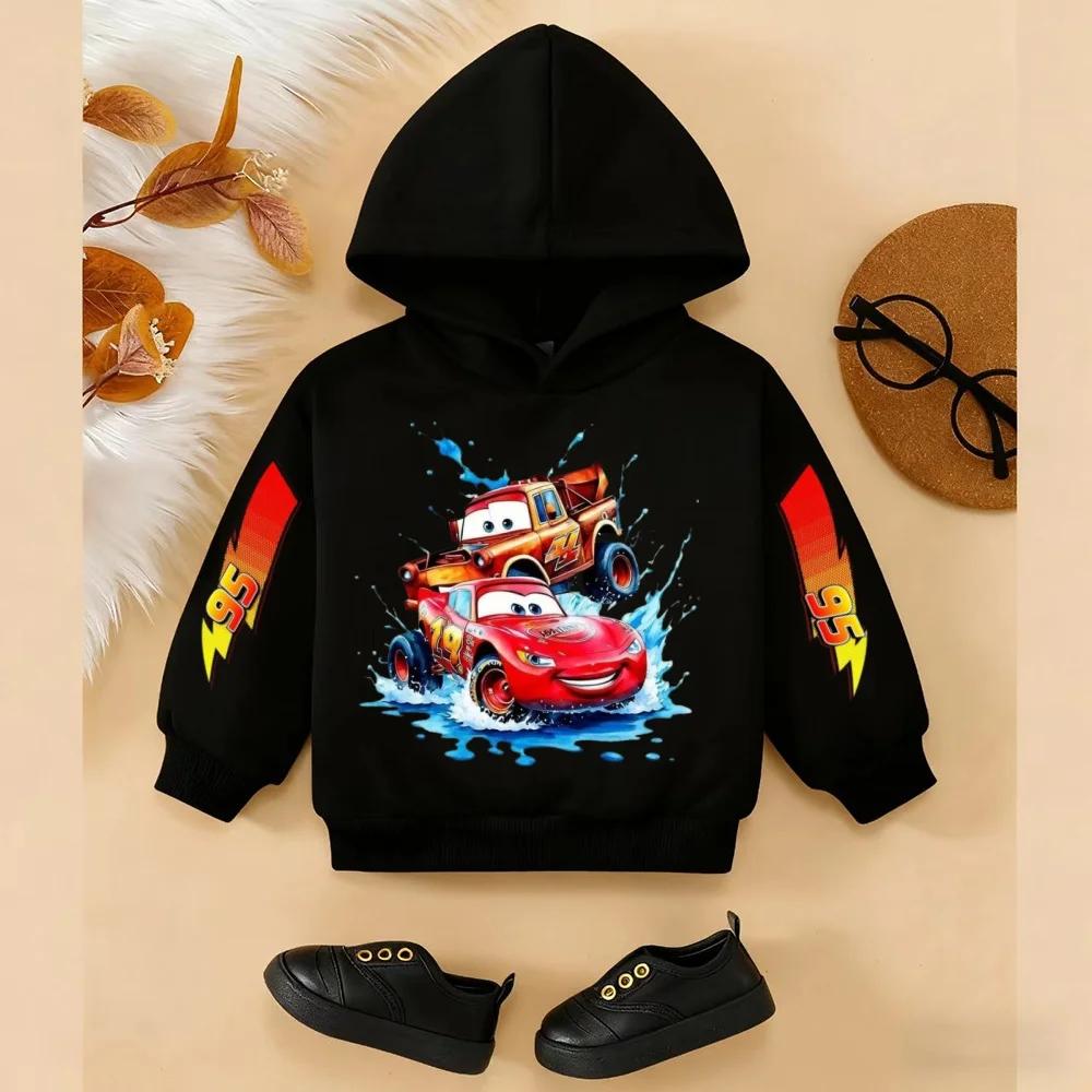 Soft Children Hoodie, Cartoon Racing Cars Splash Water Print Pullover Sweatshirt, Autumn Winter Casual Sport Long Sleeve Top For Kids Daily Wear