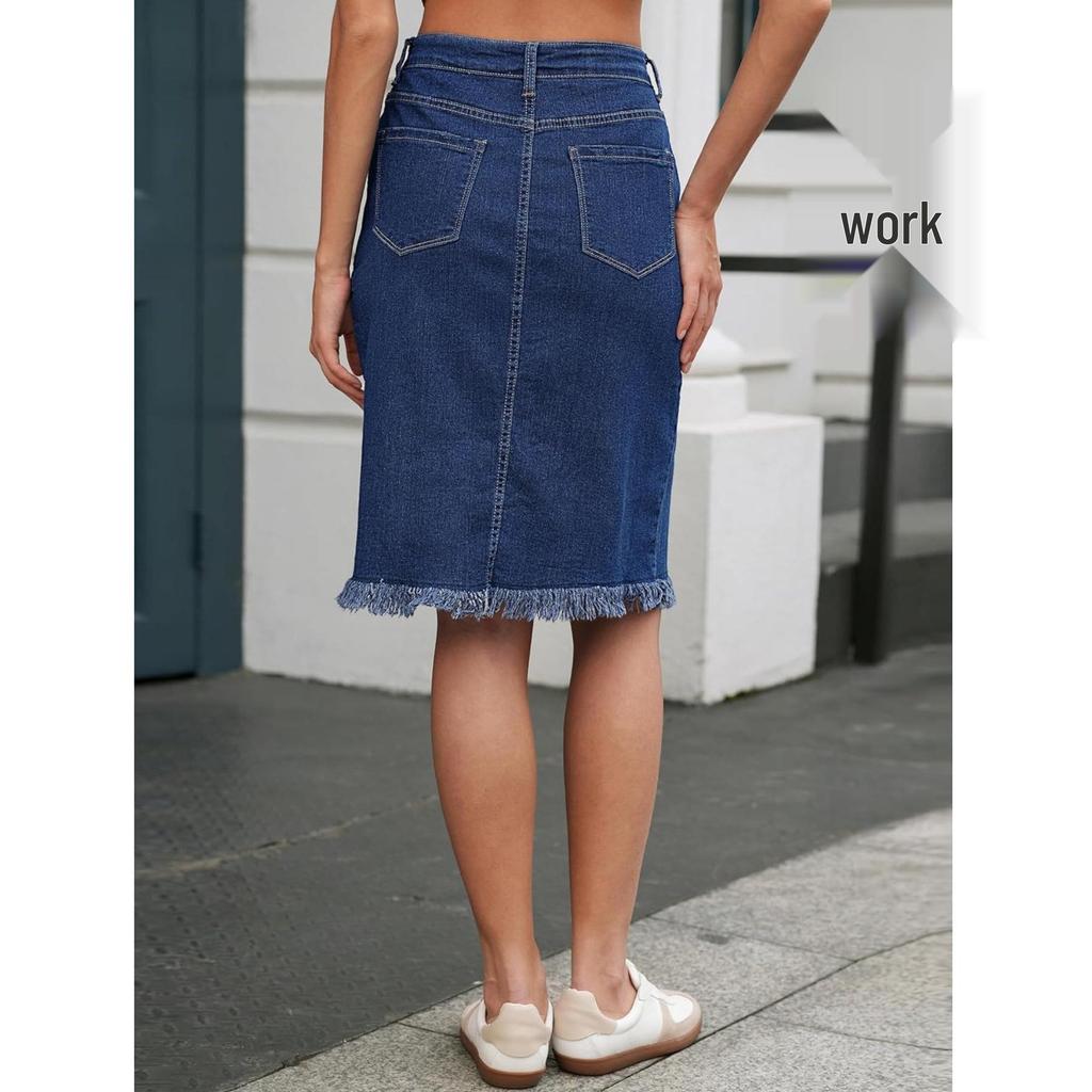 2025 Elegant Stretch Denim Skirt with Frayed Hem and Multi-Button Design