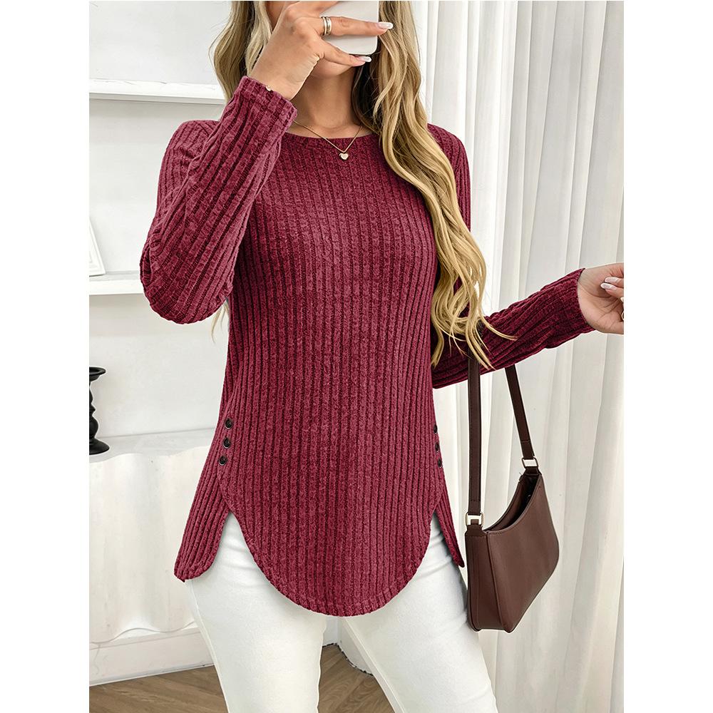 Women Solid Color Round Neck Ribbed Brushed Long Sleeve Button Casual T Shirt S