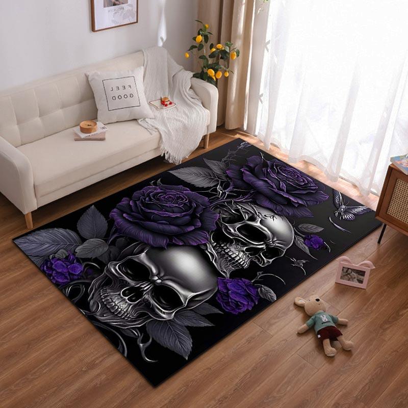 

Black Carpet with Skull Design, Purple Roses and Gothic Art Style. Suitable for use as an anti-slip for living room bedroom sofas 40x60cm( 15x23in )