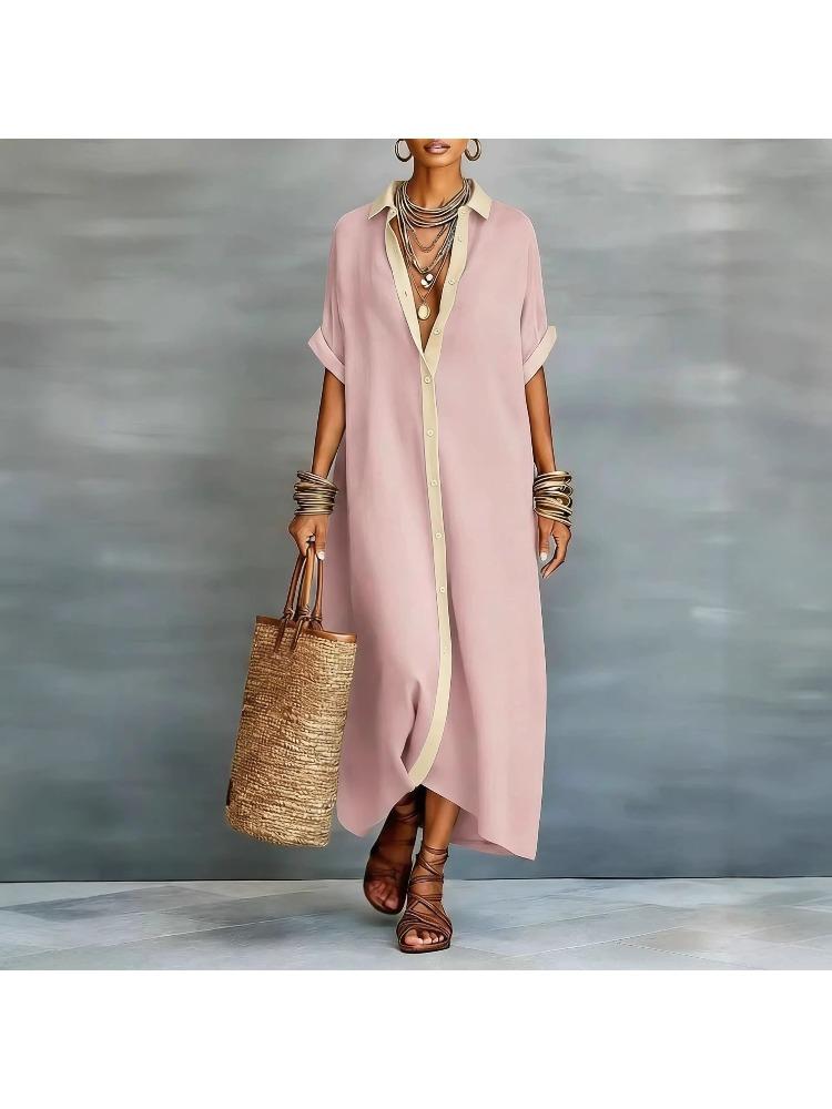 Women's Colour-blocked Loose-fit Long-Sleeve Cotton-Linen Polo Neck Shirt Dress – A Stylish Comfortable and Casual Dress for Women