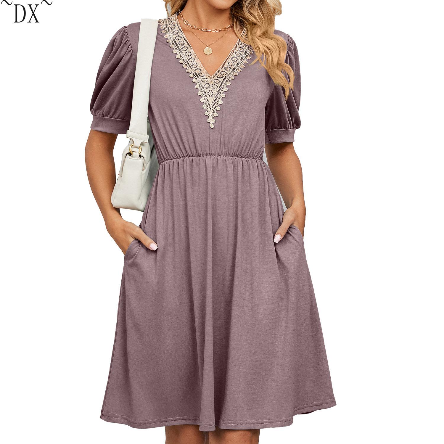 

DX ~ весна/лето однотонное кружевное платье с v-образным вырезом и короткими рукавами и карманами на талии XXL