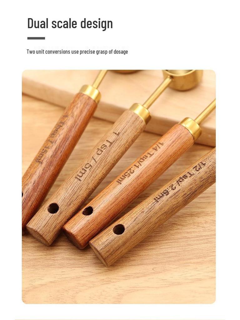 Gold Stainless Steel Measuring Cups & Spoons Set with Acacia Wood Handles - 8-Piece Baking Tool Set